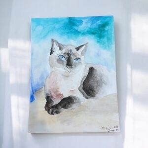 Original signed Watercolor. "Puss", Siamese cat. Pet Portrait.